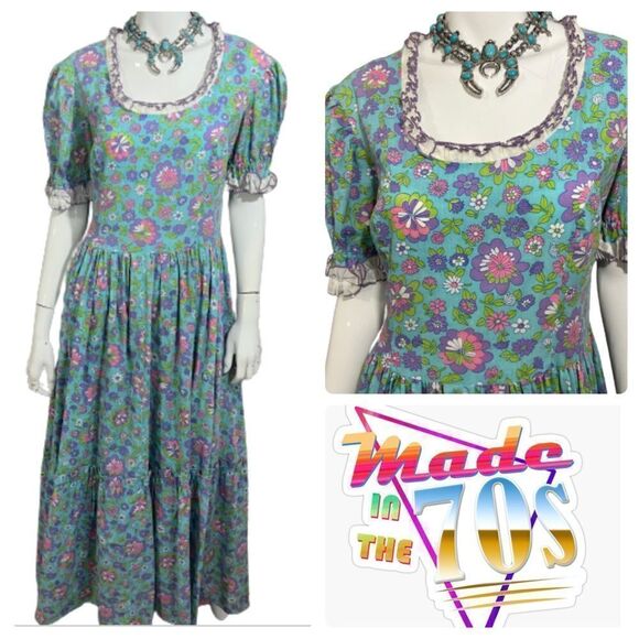 ‎RARE 70's cottagecore hand made blue floral dress - M - Picture 1 of 13